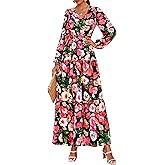 PRETTYGARDEN Long Sleeve Maxi Fall Dresses for Women 2026 Vneck Smocked Boho Floral Tiered Swing Flowy Wedding Guest Dress