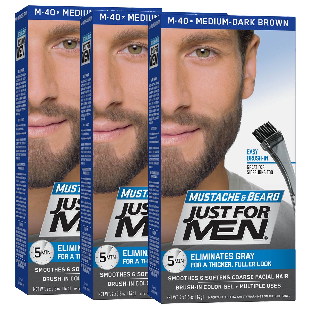 Just For Men Mustache & Beard, Beard Coloring for Gray Hair with Brush Included - Color: Medium-Dark Brown, M-40 (Pack of 3)
