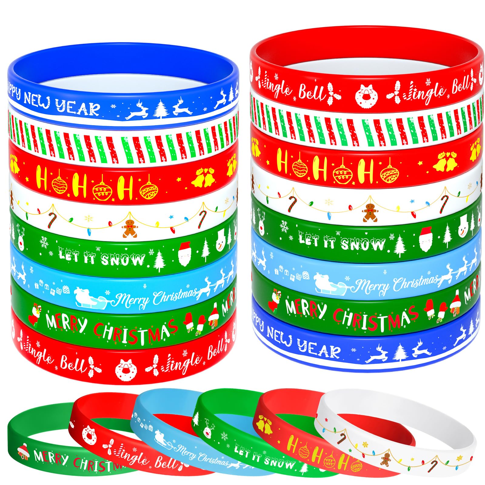 NEBURORA 24pcs Christmas Silicone Bracelet 8 Style Rubber Wristband Xmas Pattern Wrist Band for Merry Christmas Theme Party Decor Supplies — image 1