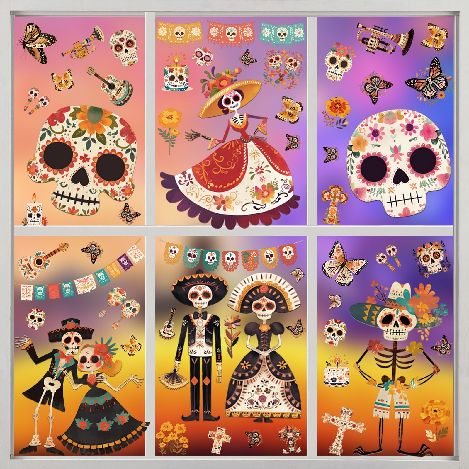 Dia de Los Muertos Decorations, Day of The Dead Window Clings, Halloween Window Stickers, Mexican Fiesta Party Decor, Sugar Skull Skeleton Musical Decals, 9 Sheets