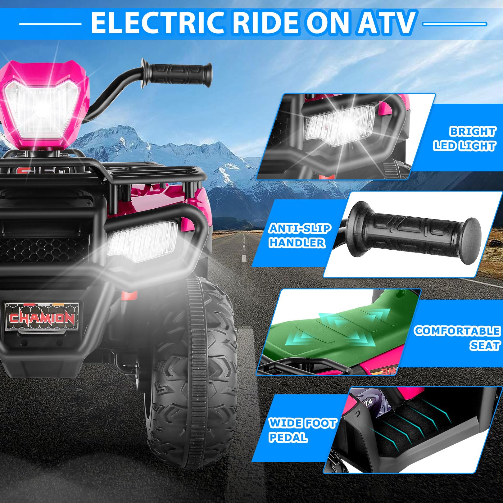 Hikole Kids ATV, 12V Four Wheeler for Kids, Battery Powered Electric Quad Car Toy with LED Lights, Music, High/Low Speed, Soft Start, USB, Treaded Tires, Rose Red