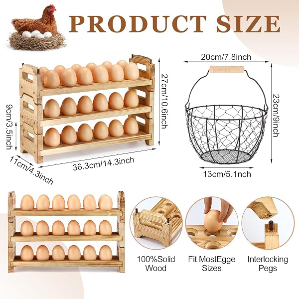 TEECYHOOO 2 PCS WOODEN EGG HOLDER COUNTERTOP AND FARMHOUSE WIRE EGG BASKET KIT WITH HANDLE STACKABLE EGGS STORAGE RACK FOR GATHERING FRESH EGGS VINTAGE HOME STORAGE KITCHEN ORGANIZER FARM CHICKEN COOP