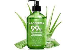 Aloderma 99% Organic Pure Aloe Vera Gel Made within 12 Hours of Harvest, 17.6oz Value Pump, Lightweight Non-Sticky Aloe Vera Gel for Sunburn Relief, Natural, Soothing Aloe Vera for Face & Hair