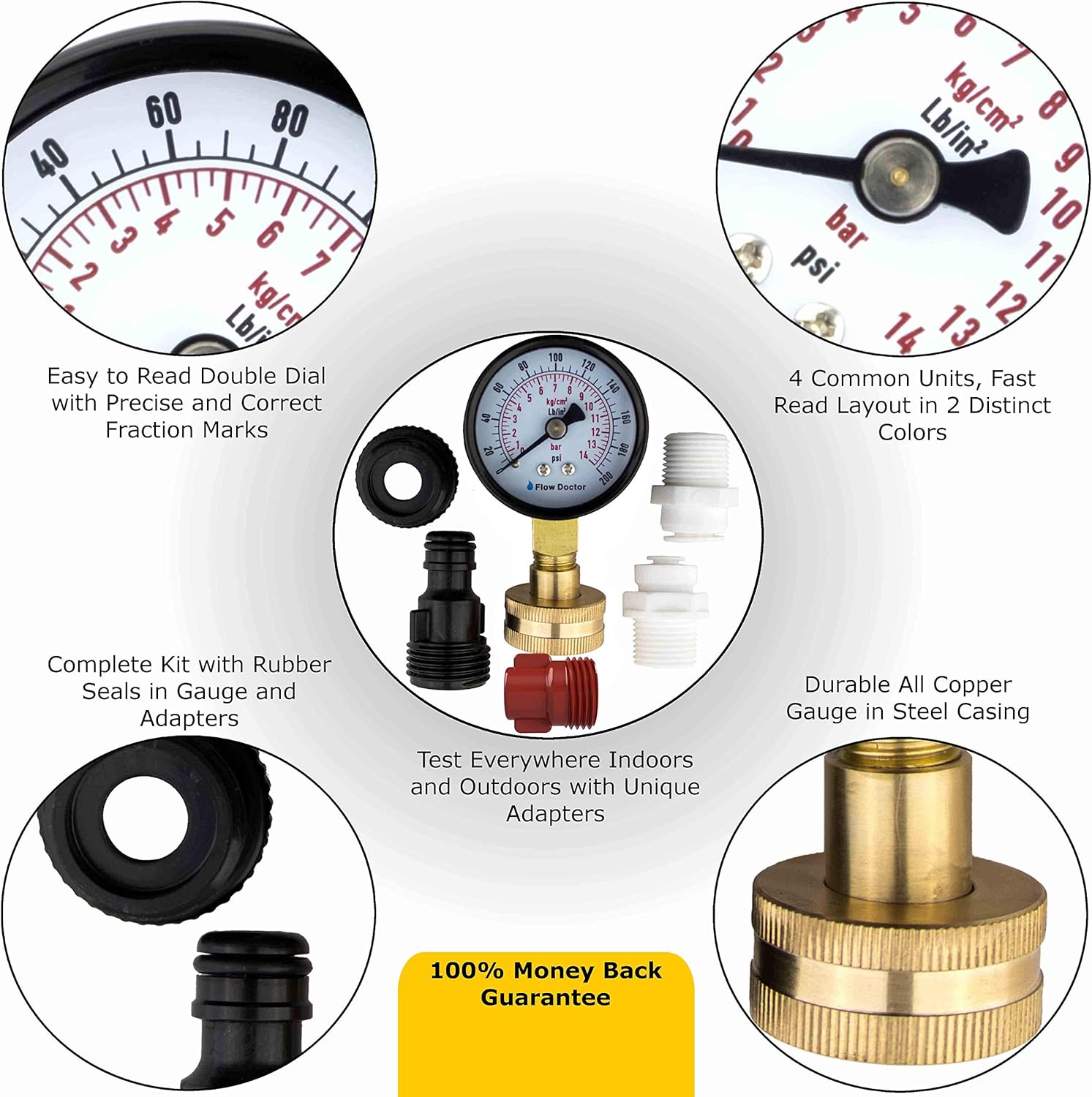 Flow Doctor Water Pressure Gauge Kit, All Purpose, 6 Parts Kit, 0 to 200 Psi, 0 to 14 Bars, Standard 3/4" Female Garden Hose Thread Plus 5 Adapters to Test in Multiple Locations Indoors and Outdoors : Garden & Outdoor