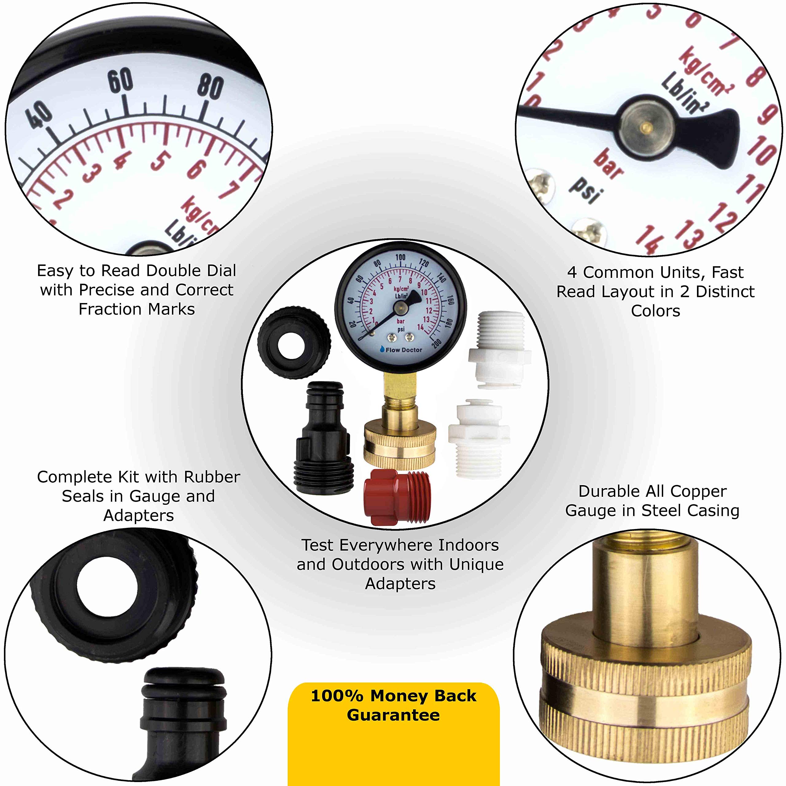 Flow Doctor Water Pressure Gauge Kit, All Purpose, 6 Parts Kit, 0 to