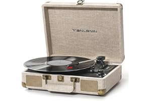 TANLANIN Linen Vinyl Record Player Bluetooth Vintage 3-Speed Portable Suitcase Turntables with Built-in Speakers, 33 45 78 RPM Belt-Driven LP Player Support USB Recording AUX-in RCA Out Headphone Jack, Beige