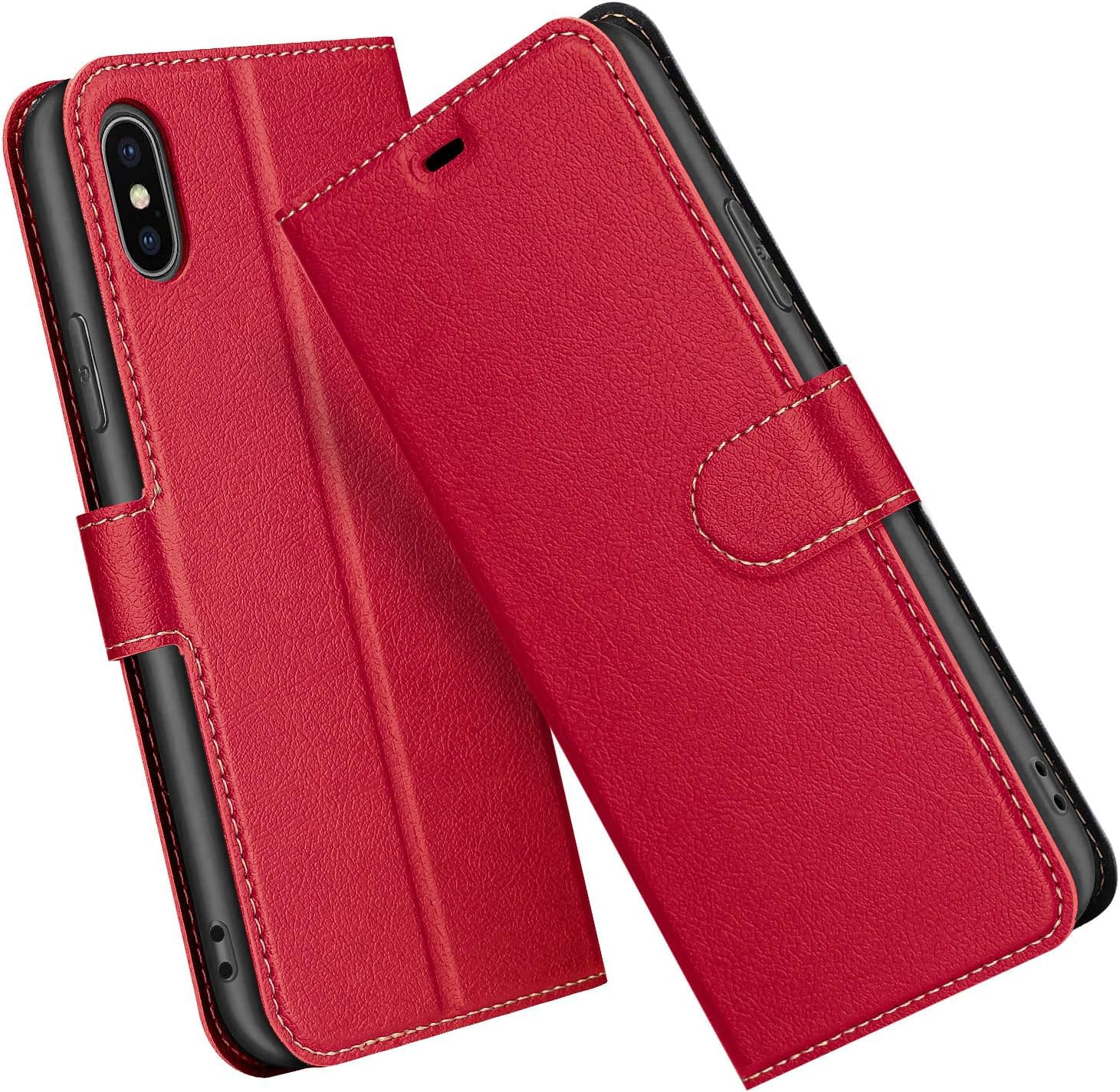 ELESNOW Phone Case for iPhone X, Flip Wallet PU Leather Card Holder with RFID Blocking Magnetic Closure Stand Cover for Apple iPhone X (Red)