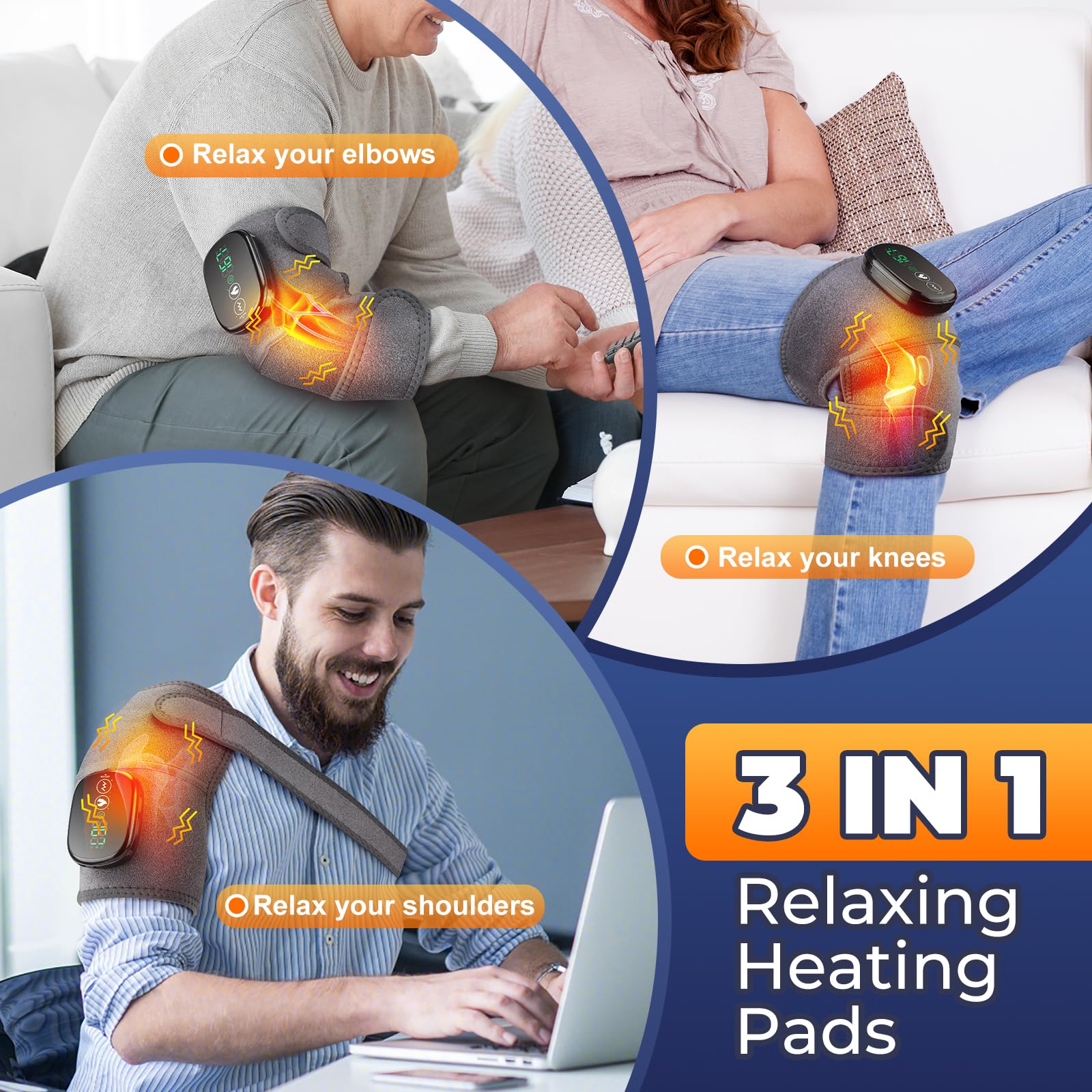 Condition photo showing New/Like New for cordless heated knee massager, fsa eligible 3-in-1 wearable wrap for knee, elbow and shoulder, 5000m