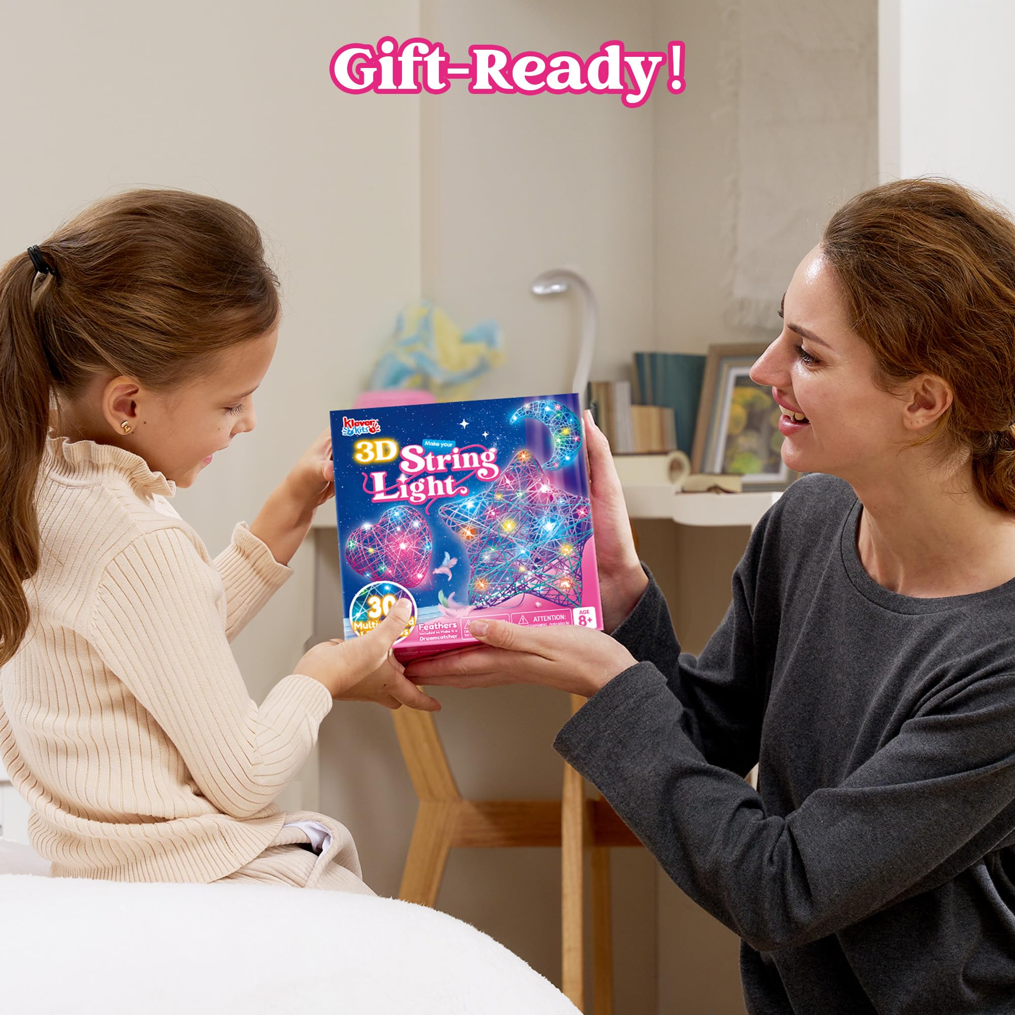 Klever Kits 3D String Art Kit for Kids, Light Up String Light Toy with 30 Multi-Colored LED Bulbs, Arts and Crafts Set, Birthday Gifts for Girls and Boys Ages 8+