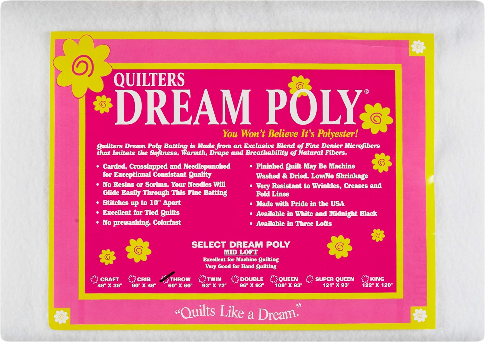 Quilter's Dream Poly Batting - Select -White-Mid-Loft - Throw