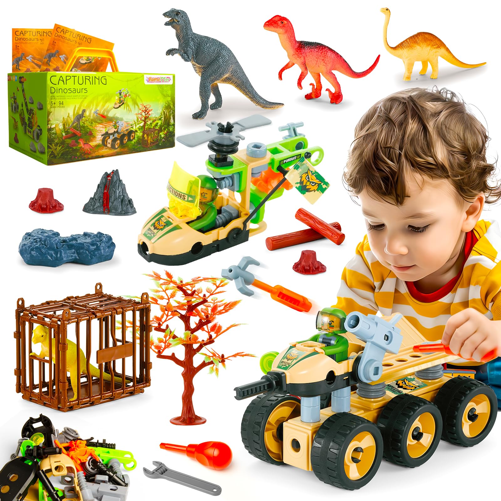HOMETTER Building Toys, for Kids, Dinosaur Set Tank & Helicopter STEM Learning Kit for Preschool Kids, Creative Set, Dinosaur Toys for Boys Age 5 6 7 8 9 10+ Years Old