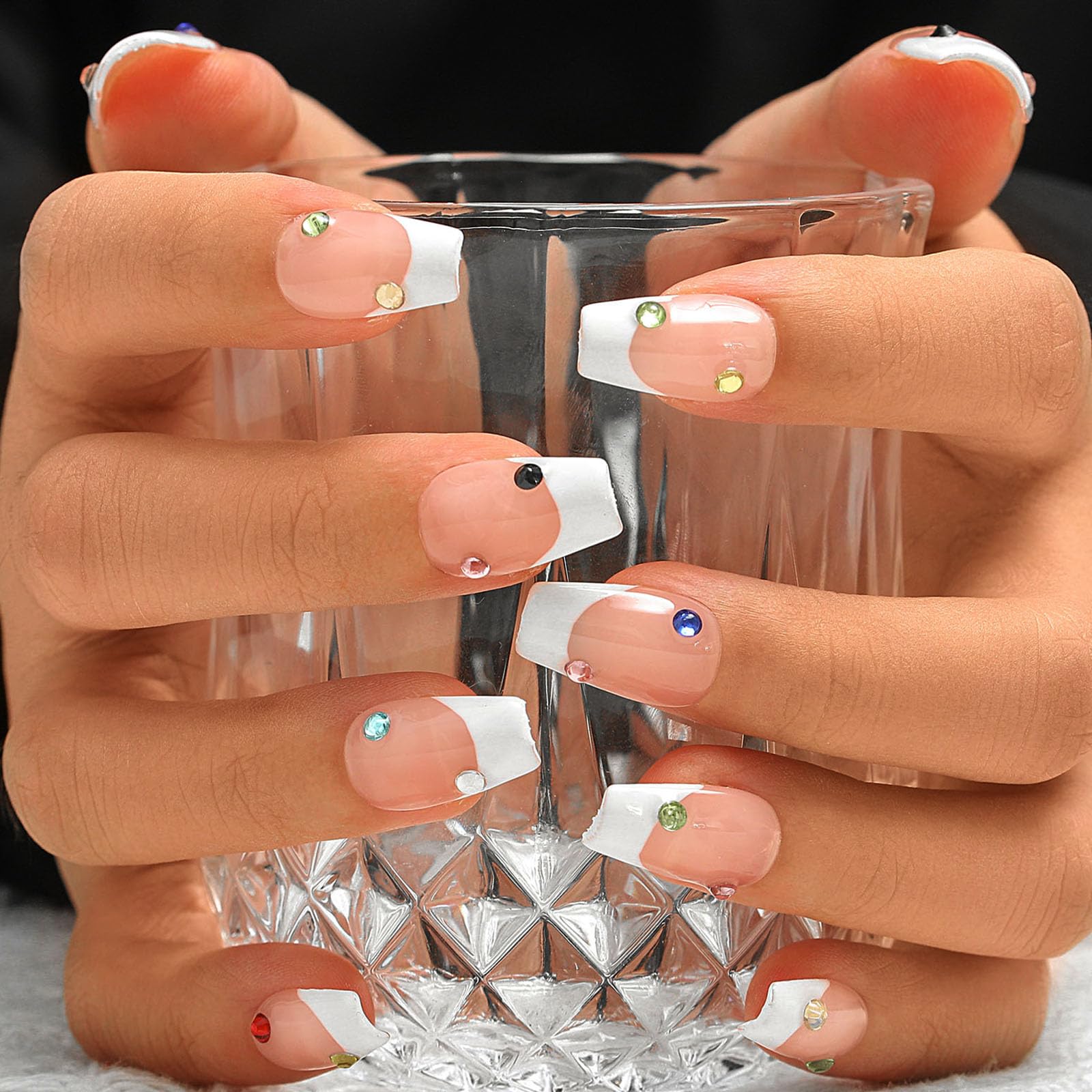 Sethexy Short Coffin Handmade False Nails - White French Tip, Colorful Rhinestone, Pink Press on Nails Women Salon Stick on Nails 10PCS