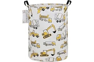 FANKANG Storage Basket, Nursery Hamper Canvas Laundry Basket Foldable with Waterproof PE Coating Large Storage Baskets for Kids Boys and Girls, Office, Bedroom, Clothes,Toys（excavator）