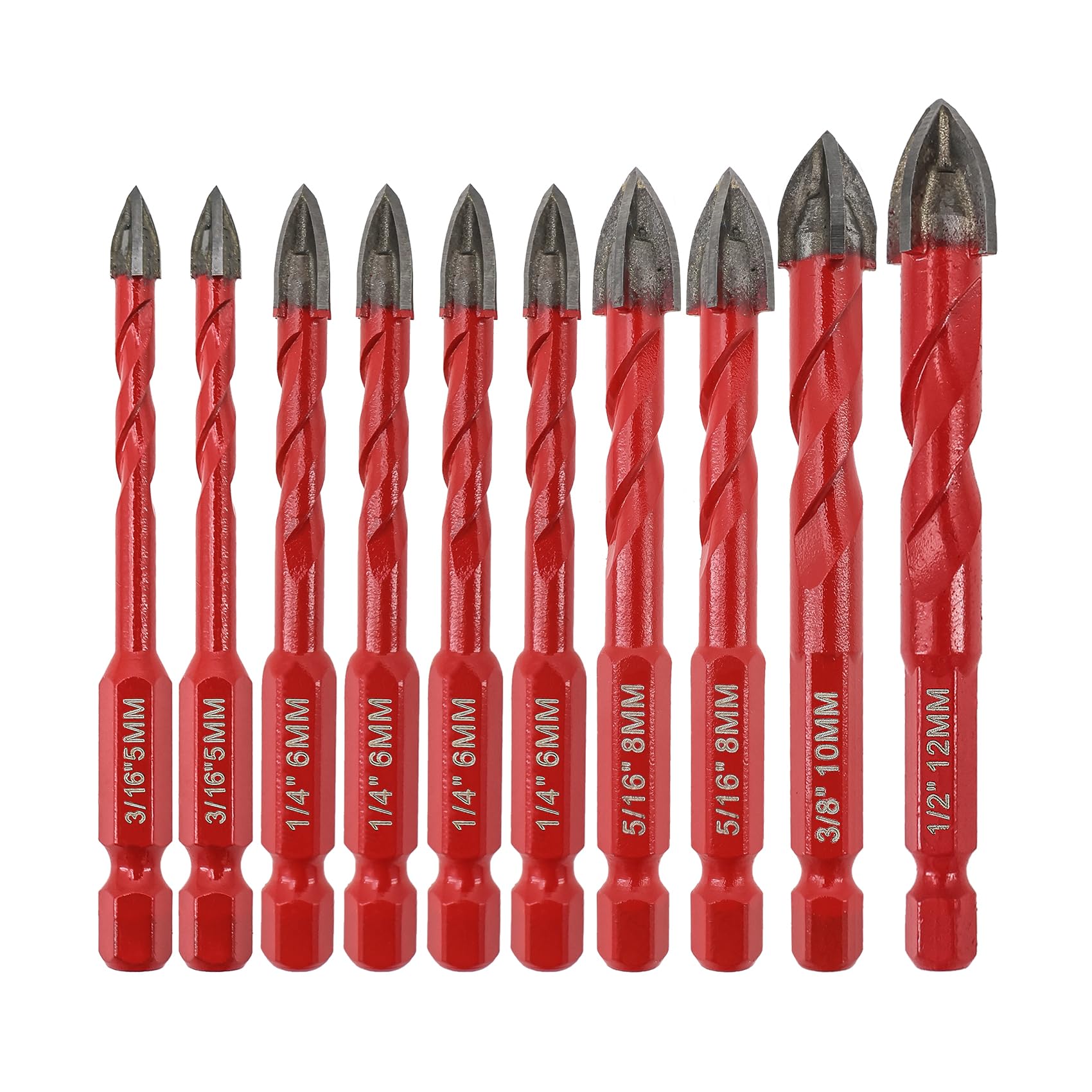 FOCSTOL Masonry Drill Bits Set - 10pcs Carbide Drill Bits Set with Quick Change Hex Shank for Wood Plastic Foam Tiles Softer Materials (5mm*2+6mm*4+8mm*2+10mm+12mm)