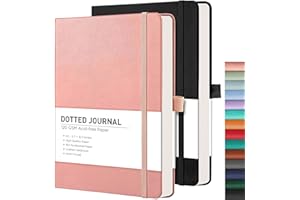 RETTACY Bullet Dotted Journal, 2-Pack, A5 Dotted Notebook Journal with 160 Numbered Pages per Pack, 5.7'' × 8.3'', Medium Size, 120 GSM Thick Paper, Leather Hardcover (Black & Pink)