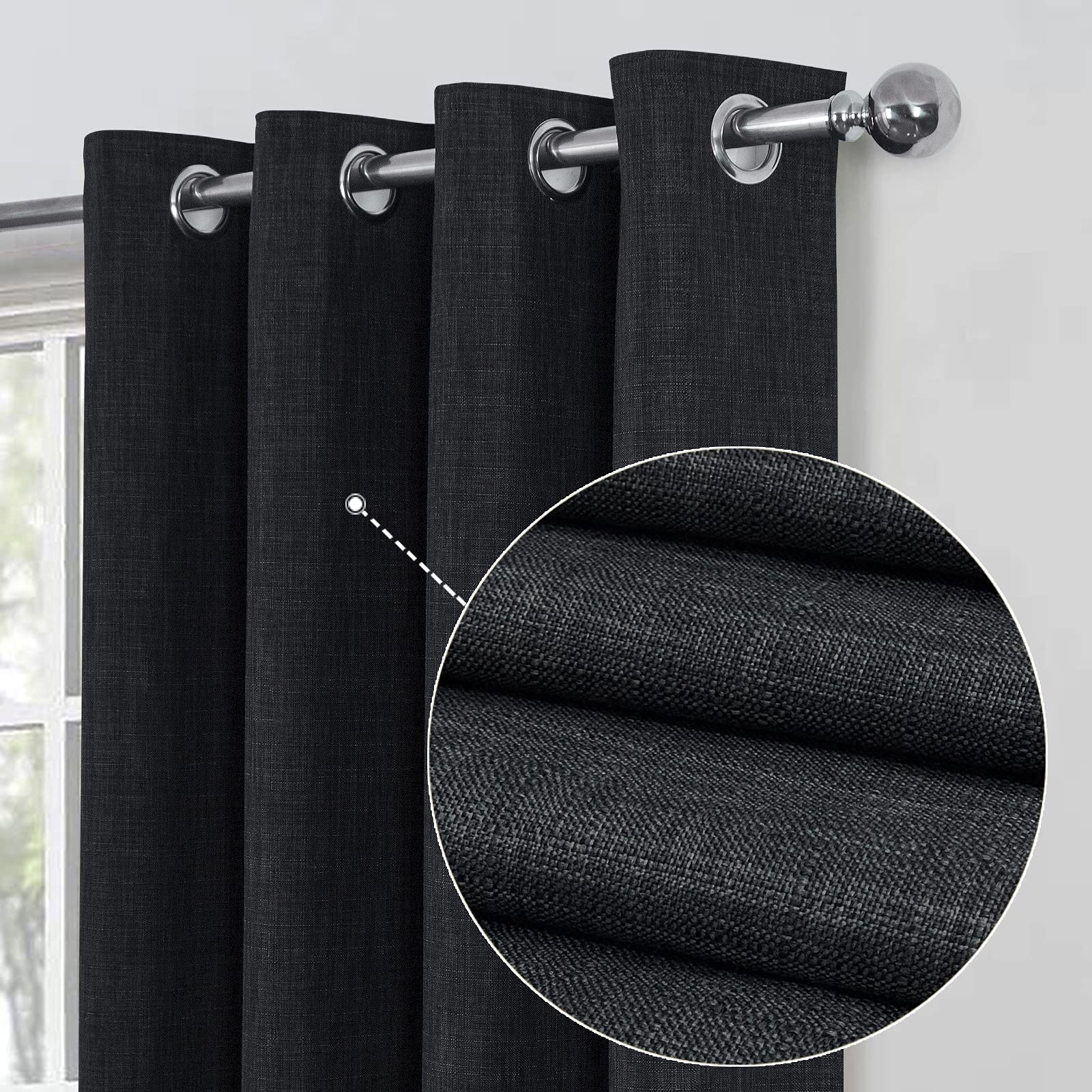 always4u Linen Look 100% Blackout Eyelet Curtains Thermal Energe Saving for Bedroom 1 Pair Noise Reducing Solid Modern Window Treatment for Home Decoration Charcoal Grey W46*L72