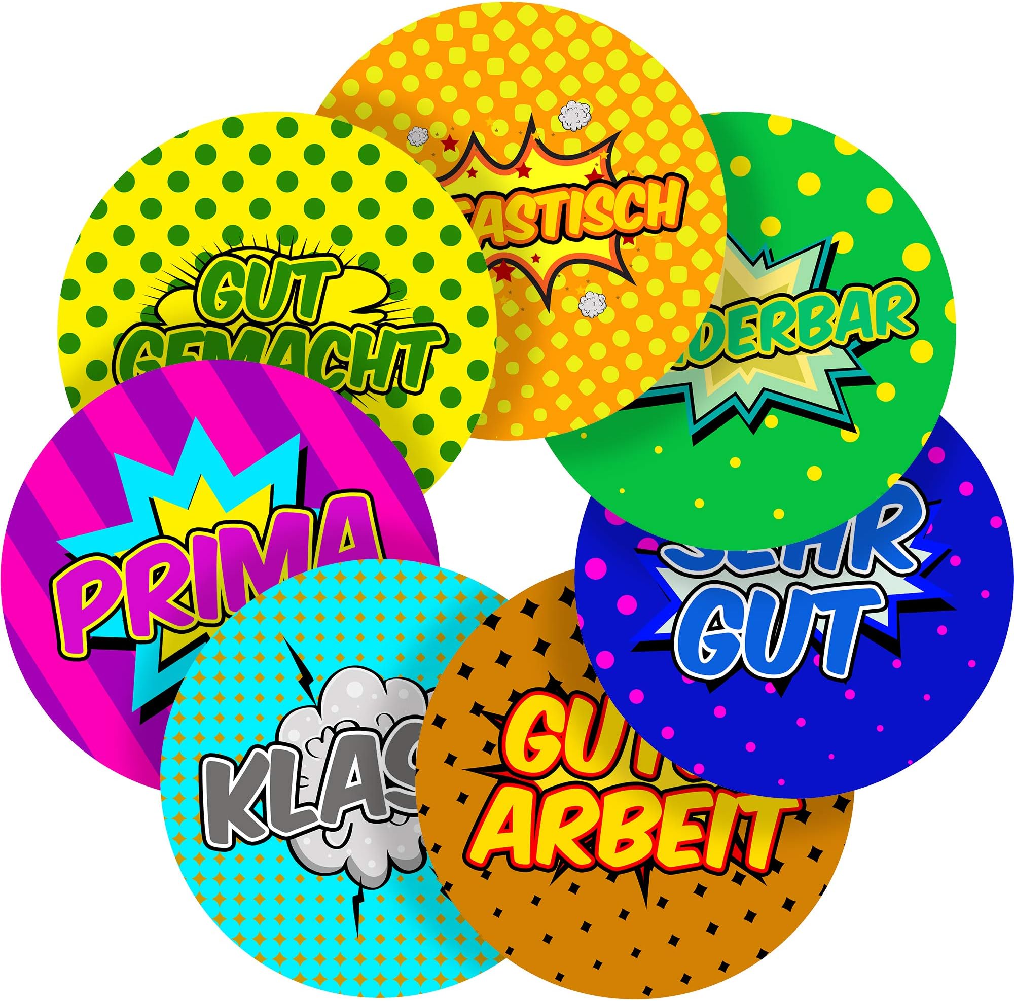German Lessons Motivational Words Superhero Comic Reward Sticker Labels, 70 Stickers @ 1" inch, Glossy Photo Quality, Ideal for Children Parents Teachers Schools Doctors Nurses Opticians