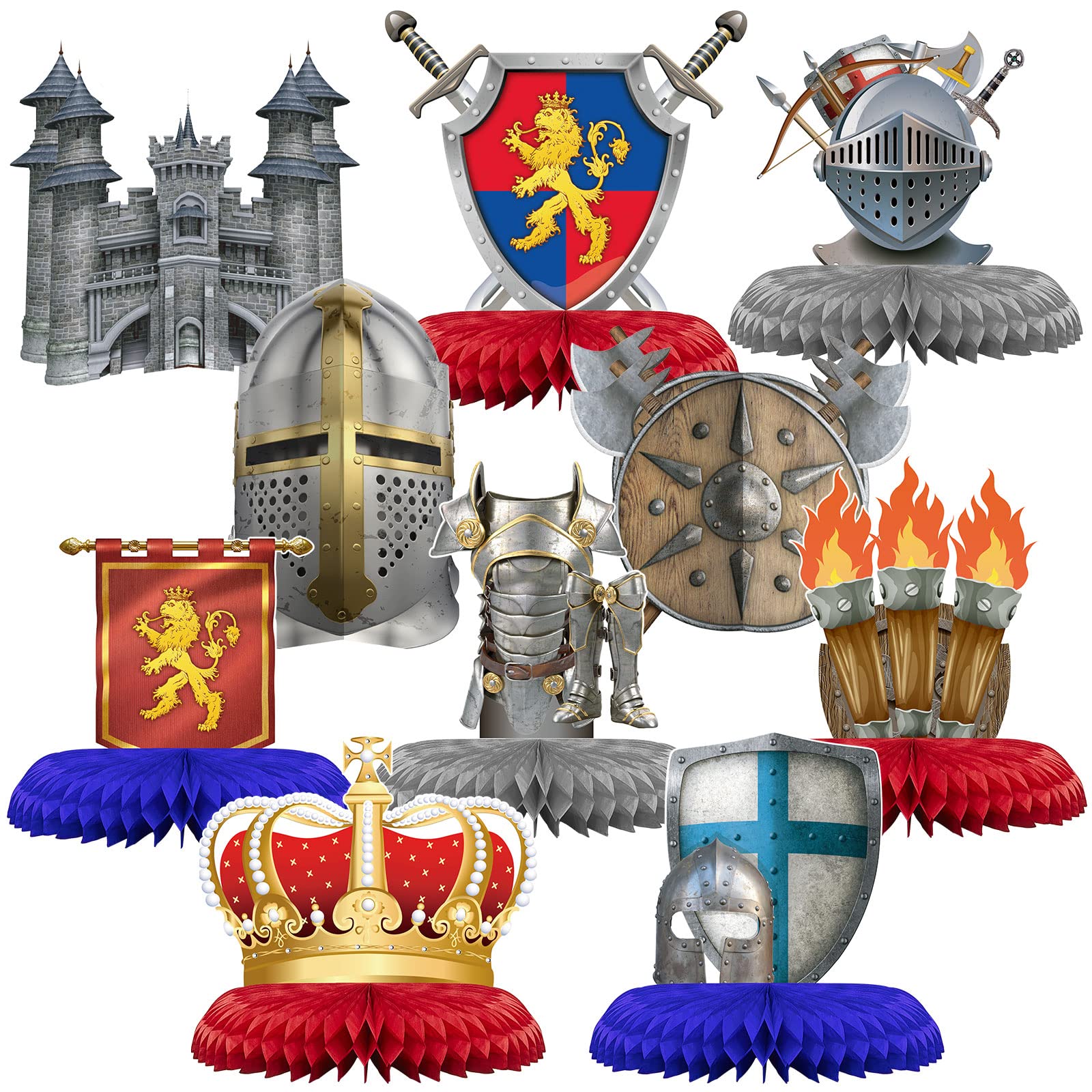 Photo 1 of Gersoniel 10 Pcs Medieval Knight Birthday Party Decorations Castle Honeycomb Centerpiece Knight Action Figures Table Topper for Medieval Theme Halloween Birthday Party Supplies Favors