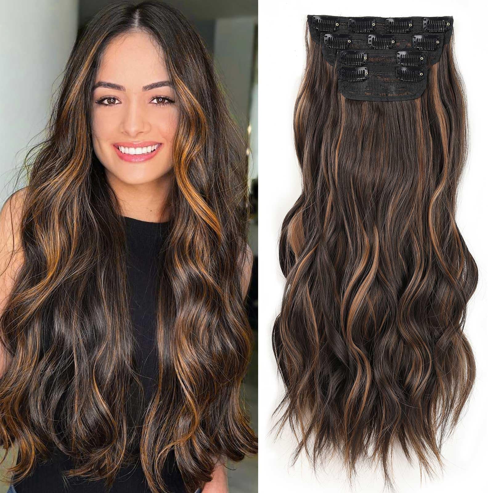 XTREND 16Inch Wavy Curly Clip in Hair Extensions, Golden and Brown, 4PCS Full Head Set, Synthetic Hair — image 1