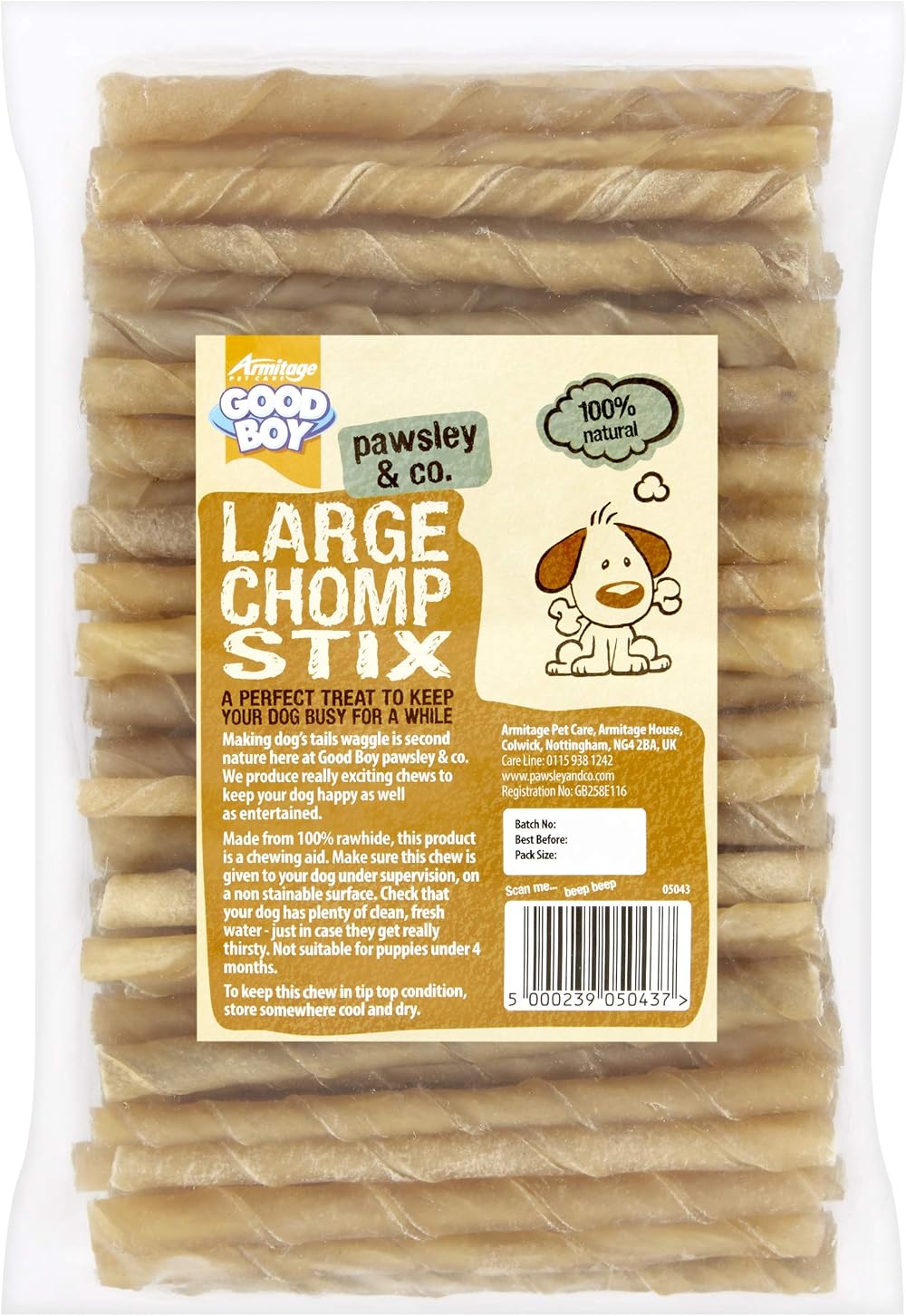 Good Boy Large Rawhide Chomp Sticks Dog Chews 100 Pack Natural Hide