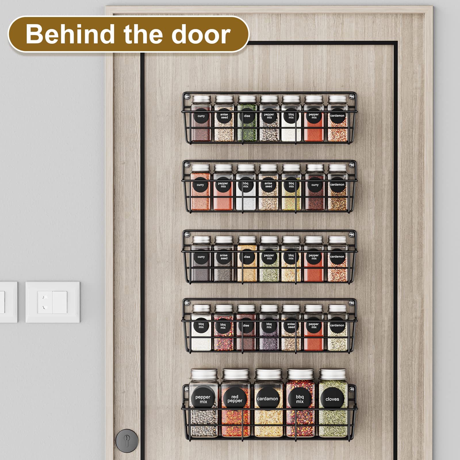 5 Pack Spice Rack Seasoning Organizer Wall Mount, Screw or Adhesive Hanging Shelf Basket Spice Organizer Shelf for Kitchen, Black