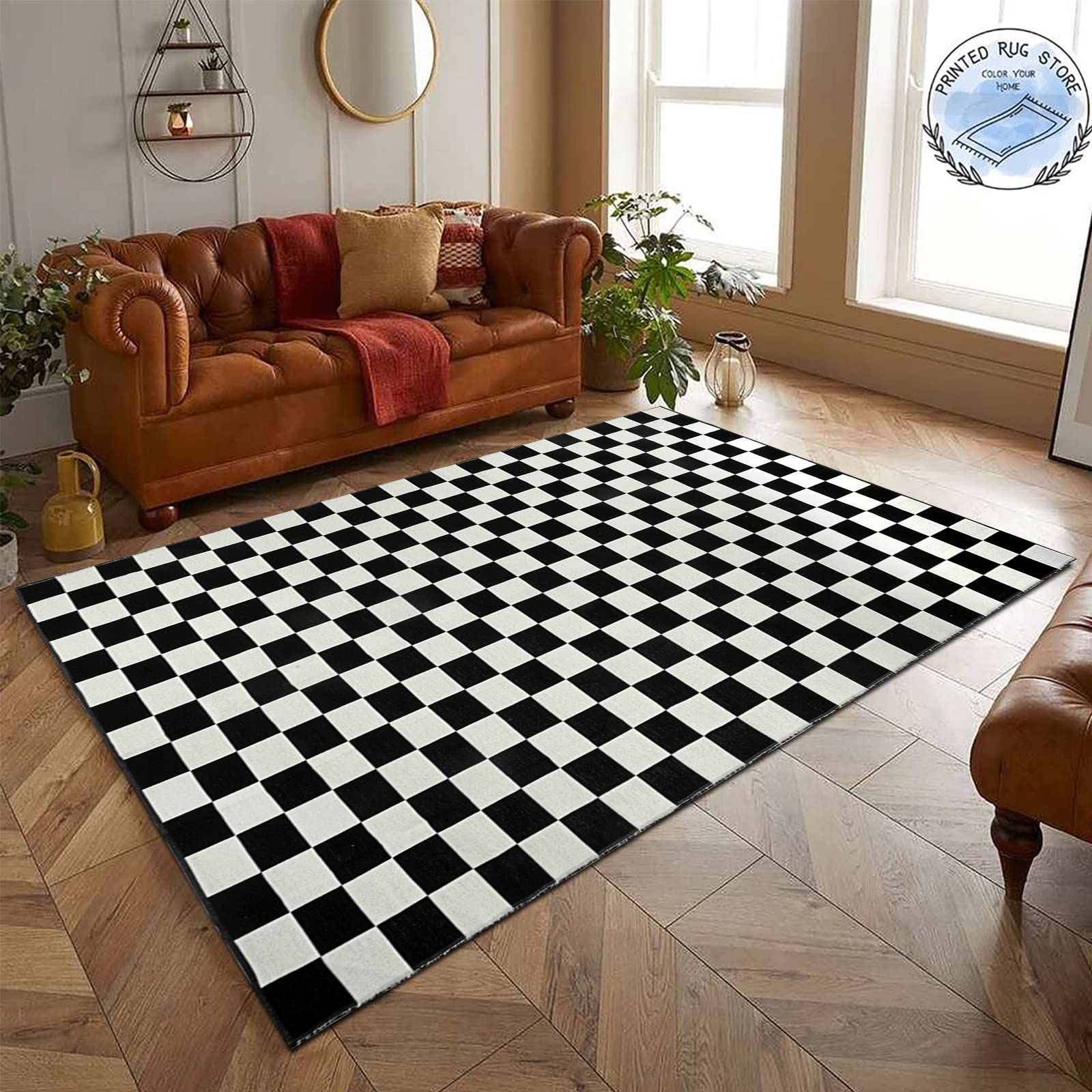 Photo 1 of Seavish Checkered Rug, 5x8 Ft Black and White Rug, Retro Moroccan Checkerboard Rugs, Lightweight Outdoor Washable Area Rug, Rustic Floor Carpet Decor for Living Room Bedroom Dining Room Patio