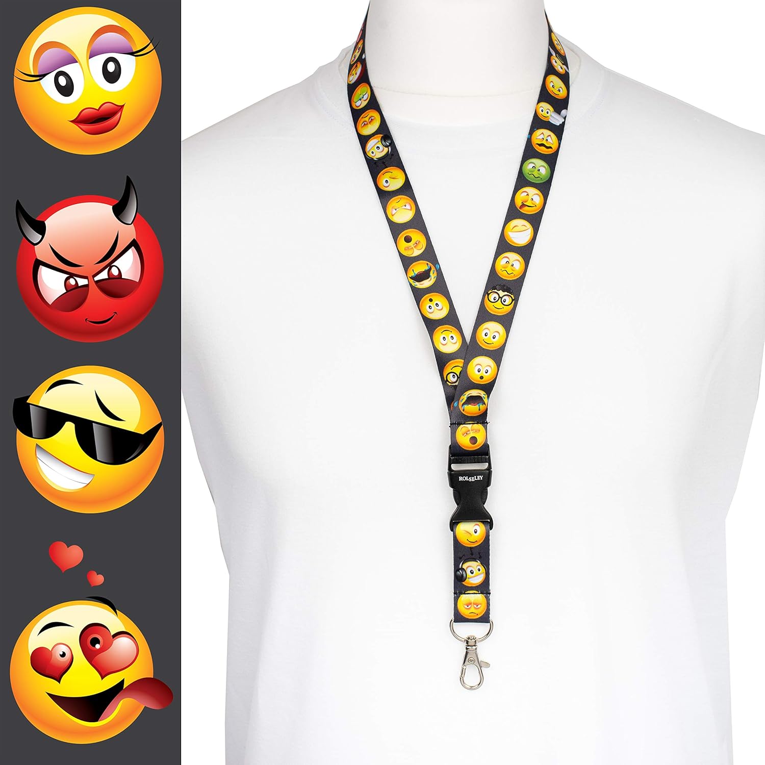 ROLSELEY Polyester Multicolour Lanyard Neck Strap with EMOTICON Yellow Smiley Face Pattern with Metal Clip and Safety Breakaway