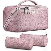 BOYATU Travel Makeup Bags Cosmetic Organizer Bag: 3-Set Large Capacity Make up Bag - PU Leather Toiletry Bags for Women - Wide Open Portable Pouch with Divider & Handle (01-Z-Light Purple)
