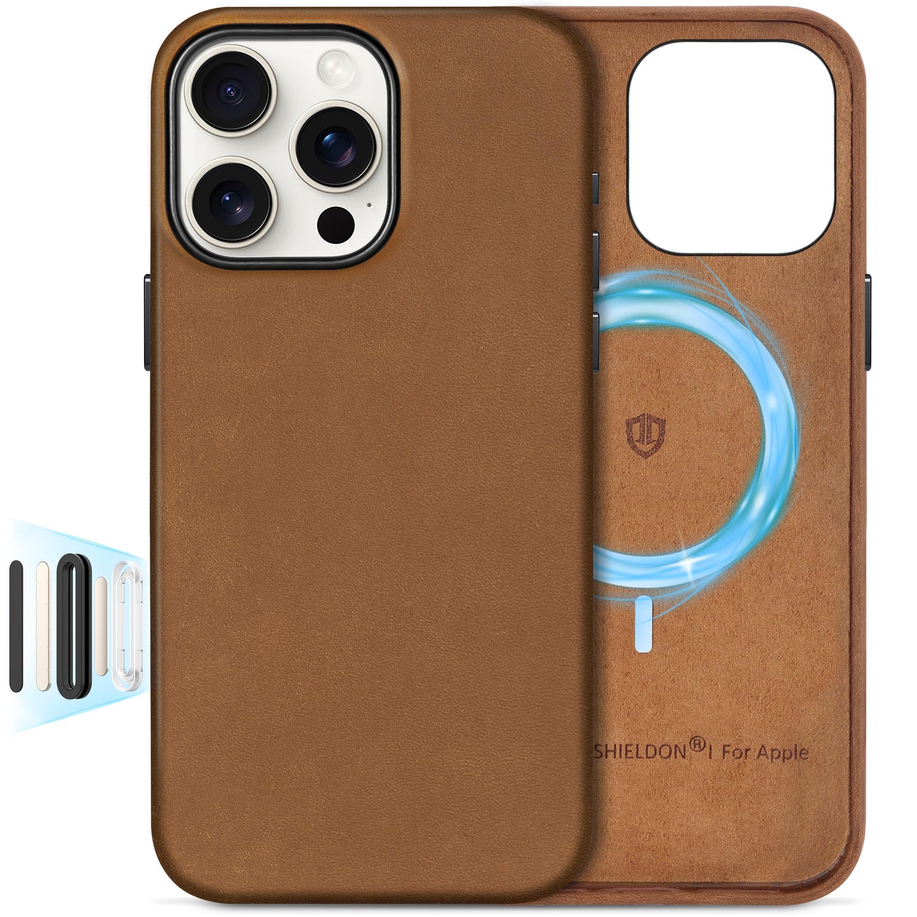 SHIELDON Leather Case for iPhone 16 Pro Max, [Top Grain Crazy Horse Leather][Non-Slip][Metal Buttons] Magnetic Wireless Charging Shockproof Slim Phone Cover Compatible with iPhone 16 Pro Max - Brown
