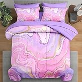 Pamnest Comforter Set Full Size, Rose Gold Marble Stripe 7 Pcs Bedding Set for Kids and Adults, Purple Pink Painting Bed Sheet Sets with Fitted Sheet 2 Pillowcase & 2 Sham for Bedroom Bed Decor