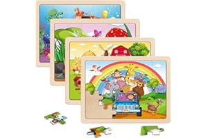 SYNARRY Wooden Puzzles for Kids Ages 3-5, 4 Packs 24 PCs Wood Jigsaw Puzzles Preschool Educational Brain Teaser Boards Toys, Zoo Farm Insect Sea Animals, Children Gifts for 3 4 5 6 Year Old Boys Girls