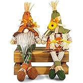LOCKASEN Thanksgiving Gnome Decorations – 2PCs Fall Decorations Plush Swedish Elves with Maple, Sunflower & Dangle Legs, Adorable Nordic Tomte Dwarf, Autumn Halloween Gnomes Decor for Home Kitchen