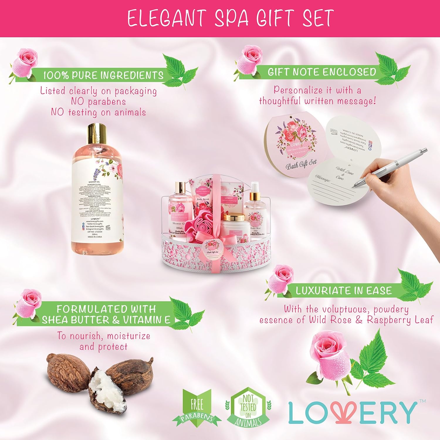 Home Spa Gift Basket - Wild Rose & Raspberry Leaf Scent - Luxurious 7 Piece Bath & Body Set For Men/Women, Contains Shower Gel, Body Lotion, Body Scrub, Bath Salt, Body Mist, Bath Puff & Shower Caddy : Beauty