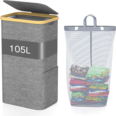 GLOWPOINT 105L Laundry Basket with Lid Foldable Removable Inner Bag Grey