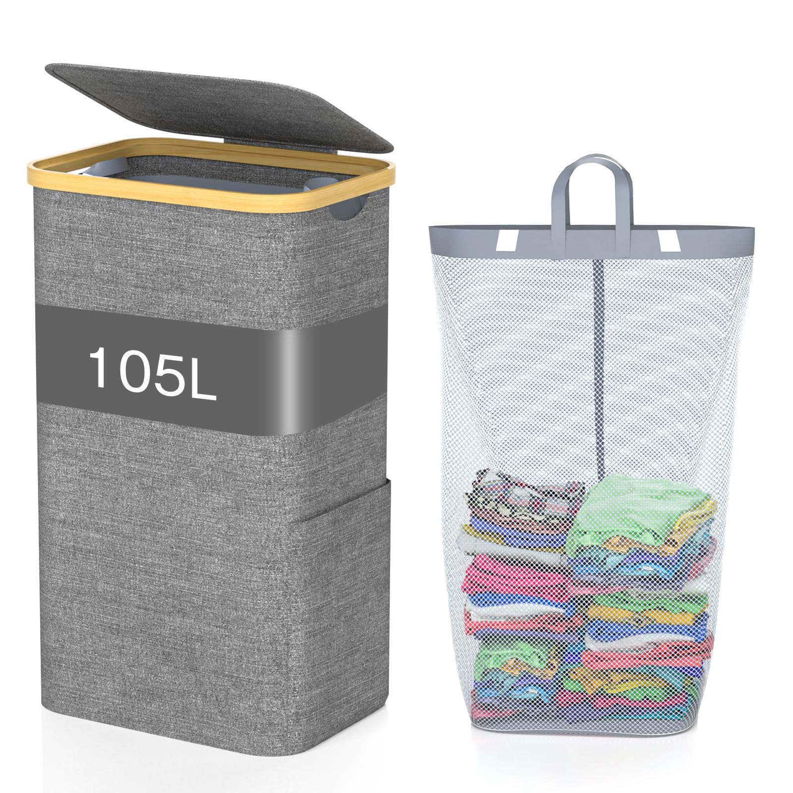 GLOWPOINT 105L Laundry Basket with Lid, Large Foldable Washing Basket with Removable Inner Bag, Water-resistant Oxford Laundry Hamper, Laundry Bin for Bedroom, Bathroom, Laundry Room,Grey