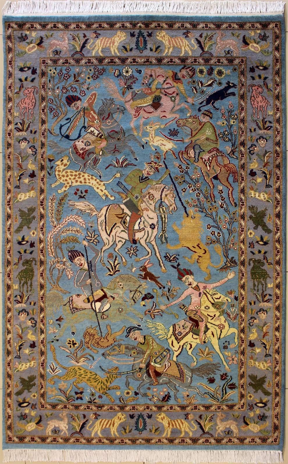 4'7 x 7'2 Pak Persian Area Rug with Silk & Wool Pile - Pictorial Hunting Shikargah Design | 100% Original Hand-Knotted in Greenish Blue,Grey, 4.5x7 Rectangular Rug