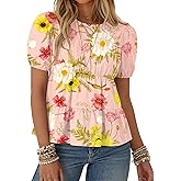 Rapbin Womens Puff Short Sleeve Babydoll Tops Summer Peplum Pleated Cotton T Shirts Casual Loose Fit Flowy Blouses