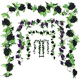 WILLBOND 4 Pieces 7.7 Feet Fake Rose Vine Artificial Vine with Flowers Rose Garland Vintage Faux Flowers Decorations for Home Wedding Party Garden Hotel Office Decor (Black and Purple)
