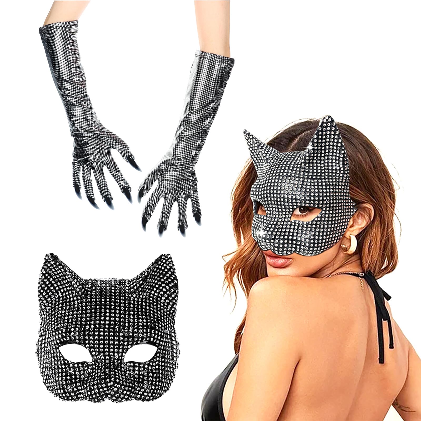 2PACK Women Diamond Fox Cat Mask Gloves Set Halloween Cat Fox Gloves Sparkly Rhinestone Masquerade Mask Ladies Cosplay Party Costume for Stage Performances Props Carnival Dance Nightclub Accessories