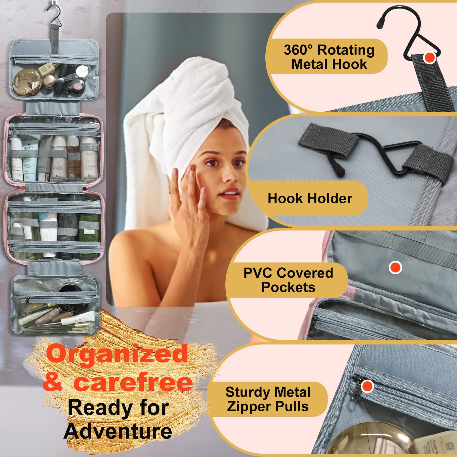 Toiletry Bag, Fashionable Hanging Bag for Women and Men, Foldable Hygiene Bag, Bathroom, and Shower Organizer Kit with Elastic Band Holders for Toiletries, Cosmetics, Makeup, Brushes (Pink)