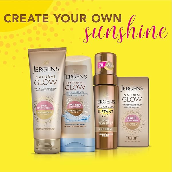 JERGENS NATURAL GLOW IN SHOWER LOTION, SELF TANNER FOR FAIR TO MEDIUM SKIN TONE, SUNLESS TANNING WET SKIN LOTION FOR GRADUAL, FLAWLESS COLOR, 7.5 OUNCE (PACKAGING MAY VARY)