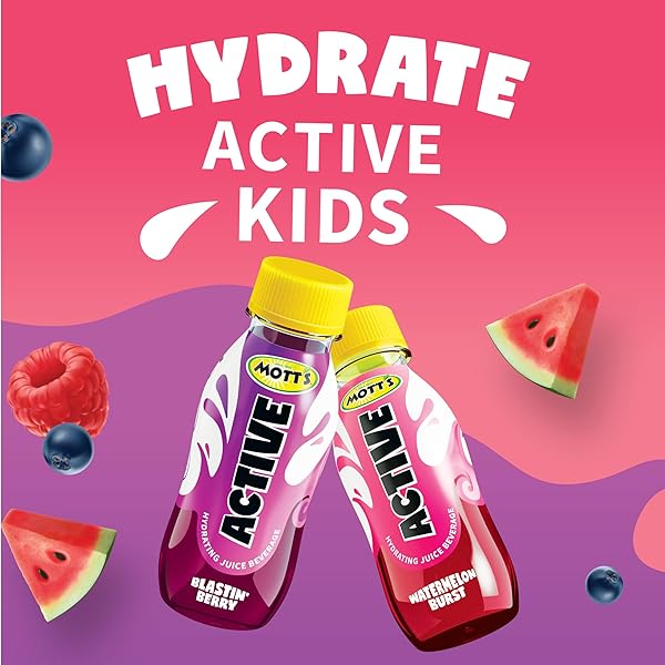 MOTT’S ACTIVE BLASTIN’ BERRY HYDRATING JUICE BEVERAGE, 8 FL OZ BOTTLES, 24 COUNT (4 PACKS OF 6), MADE WITH NATURALLY SOURCED ELECTROLYTES & COCONUT WATER, GLUTEN & CAFFEINE-FREE, KOSHER