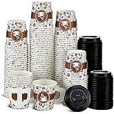 Teenyyou 100 Set 4 oz Disposable Espresso Cups Bulk with Lids Wide Handles Small Printed Paper Disposable Coffee Cups for Hot Chocolate Tea Cocoa Wedding Party Restaurant Music Festival Home Office