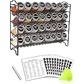 SWOMMOLY Spice Rack Organizer with 32 Glass Spice Jars, 396 Spice Labels, Chalk Marker and Funnel Complete Set, for Cabinet, Countertop, Cupboard or Wall Mount, Black