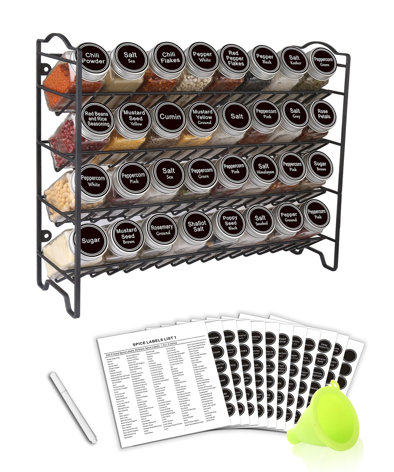 Photo 1 of SWOMMOLY Spice Rack Organizer with 32 Glass Spice Jars, 396 Spice Labels, Chalk Marker and Funnel Complete Set, for Cabinet, Countertop, Cupboard or Wall Mount, Black