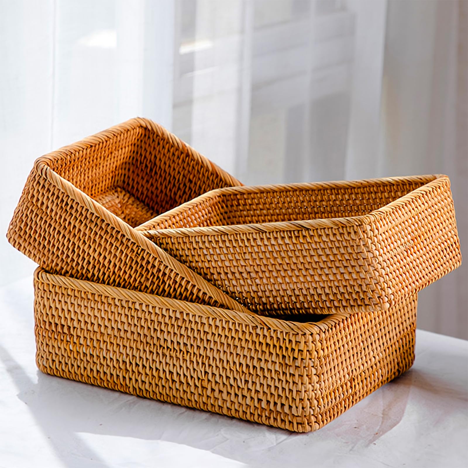 ZENFUN 3 Pack Rectangular Rattan Storage Baskets, Shallow Wicker for Decor, Handmade Woven Nesting Bread Baskets for Organizing, Serving, Kitchen, Home, 3 Sizes