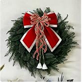 22 Inch Christmas Wreath for Front Door, Large Full Green Plastic Artificial Pine Wreath with Red Silver Trim Velvet Bow & White Bells, Minimalist Elegant Decor for Wall Window Porch Indoor Outdoor
