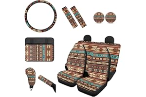 Wanyint Boho Mandala Aztec Car Seat Cover Front Back Seat 15 Inch Steering Wheel Cover HandBrake Cover Handle Sleeve Native American Southwest Western Car Coaster Brown Stripe Arm Rest Pad