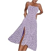 Floerns Women's Summer Split Thigh Spaghetti Strap Cami Midi Floral Dress Vacation Outfits for Women