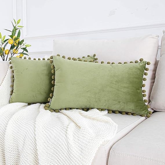Topfinel Grass Green Oblong Cushion Covers 12x20 Inch Velvet Soft Decorative Throw Pillowcase
